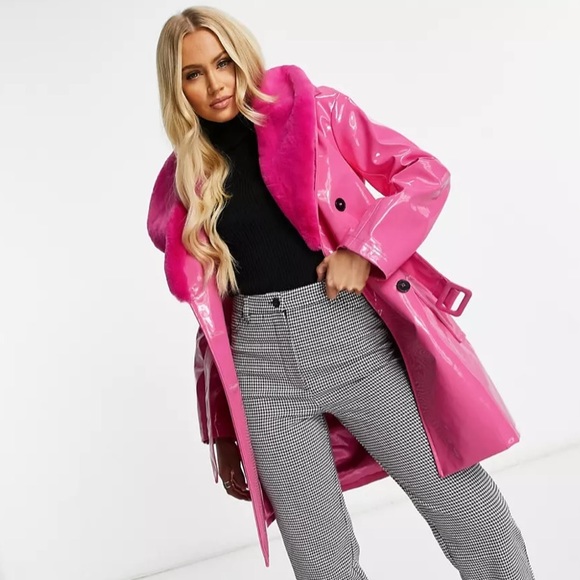 Jackets & Blazers - ASOS Unique21 Faux Fur Trim Vinyl Coat in Fuchsia, Size 12